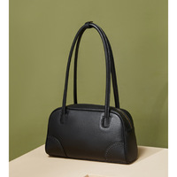 Genuine Leather Handbag Large Capacity Bowling Bag Black - Thumbnail 1