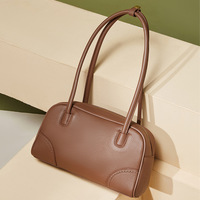 Genuine Leather Handbag Large Capacity Bowling Bag Brown - Thumbnail 1