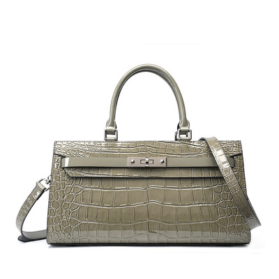 Kelly bag crocodile pattern cowhide women's bag wew crossbody large capacity bag grey - Thumbnail 4