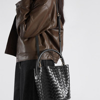 Genuine Leather Handbag Woven Crossbody Bag Black - Thumbnail 1