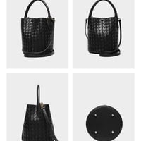 Genuine Leather Handbag Woven Crossbody Bag Black - Thumbnail 2