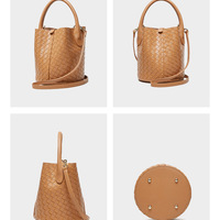 Genuine Leather Handbag Woven Crossbody Bag Brown - Thumbnail 2