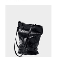 Women Cowhide Bucket Bag Large Capacity Retro Shoulder Bag Black - Thumbnail 2