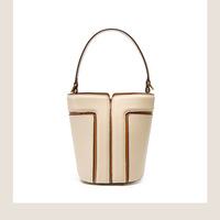 Genuine Leather Ladies' Bucket Bag Crossbody Bag White - Thumbnail 1