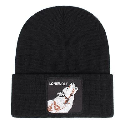 Lone wolf embroidery beanie hat unisex knit cuffed cap women men gift black - Thumbnail 3