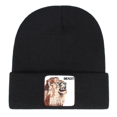 Beast embroidery beanie hat unisex knit cuffed cap women men gift black - Thumbnail 5