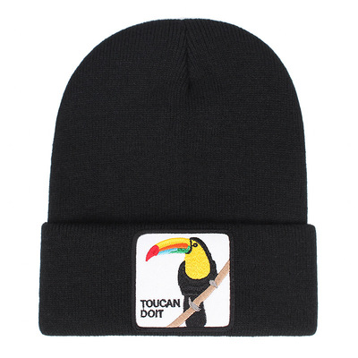 TOUCAN Embroidery Beanie Hat Unisex Knit Cuffed Cap Women Men Gift Black