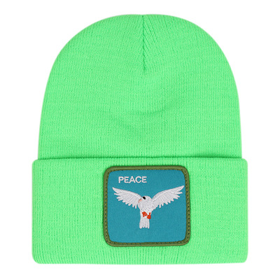 Peace embroidery beanie hat unisex knit cuffed cap women men gift green - Thumbnail 1