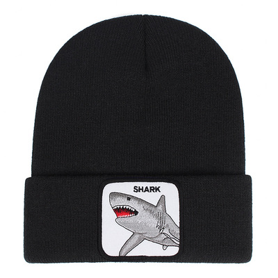 Shark embroidery beanie hat unisex knit cuffed cap women men gift black - Thumbnail 3