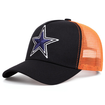 Five pointed star embroidered baseball cap outdoor sports mesh peaked cap black orange - Thumbnail 2
