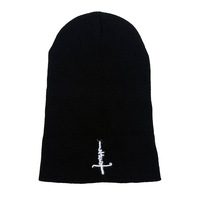 Cross Embroidered Hat Winter Warm Woolen Hat Black - Thumbnail 1