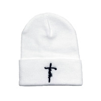 Cross Embroidered Hat Winter Warm Woolen Hat White - Thumbnail 1