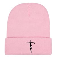 Cross Embroidered Hat Winter Warm Woolen Hat Pink - Thumbnail 1
