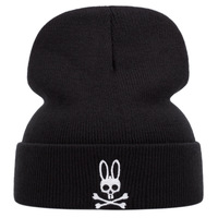 Embroidery of Rabbit Skull Baseball Cap Outdoor Warm Woolen Hat Black - Thumbnail 1