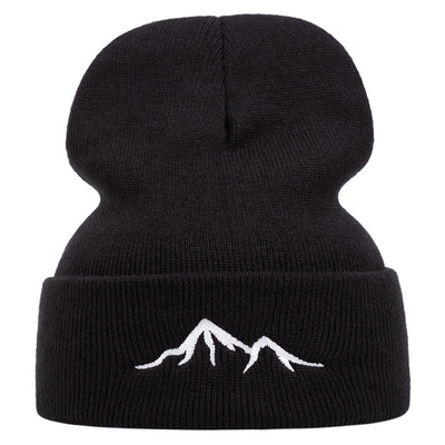 Mountain embroidered knitted hat winter warm bean cap black - Thumbnail 3