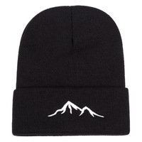 Mountain Embroidered Knitted Hat Winter Warm Bean Cap Black - Thumbnail 1