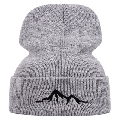 Mountain embroidered knitted hat winter warm bean cap grey - Thumbnail 3