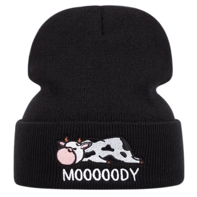 Embroidered of cow hat winter warm woolen hat black - Thumbnail 5
