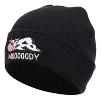 Embroidered Of COW Hat Winter Warm Woolen Hat Black - Thumbnail 1