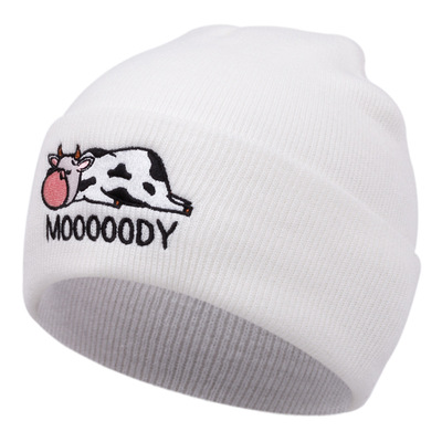 Embroidered of cow hat winter warm woolen hat white