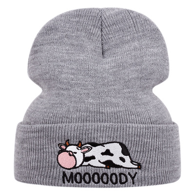 Embroidered of cow hat winter warm woolen hat grey - Thumbnail 3