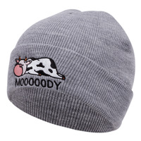 Embroidered Of COW Hat Winter Warm Woolen Hat Grey - Thumbnail 1
