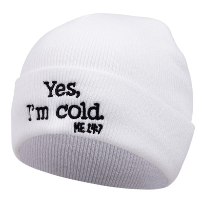 Yes i'm cold embroidered knitted hat winter warm men's and women's outdoor knitted hat white