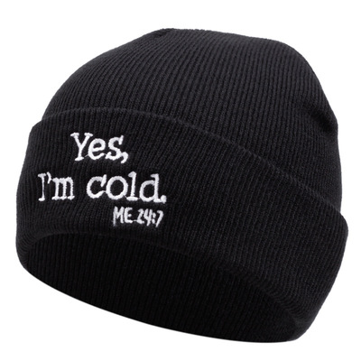 Yes i'm cold embroidered knitted hat winter warm men's and women's outdoor knitted hat black - Thumbnail 4