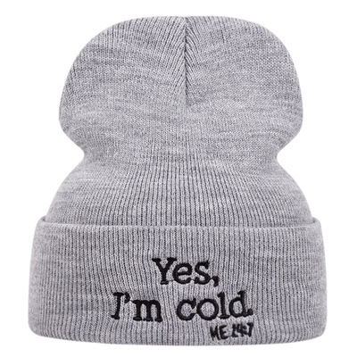 Yes i'm cold embroidered knitted hat winter warm men's and women's outdoor knitted hat grey - Thumbnail 4
