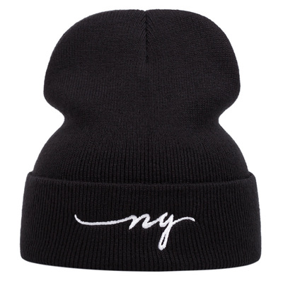 Ny embroidered knitted hat winter warm men's and women's outdoor knitted hat black - Thumbnail 5