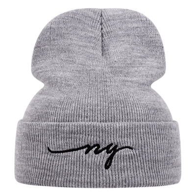 Ny embroidered knitted hat winter warm men's and women's outdoor knitted hat grey - Thumbnail 4