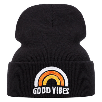 Good vibes embroidered knitted hat winter warm men's and women's outdoor knitted hat black - Thumbnail 5