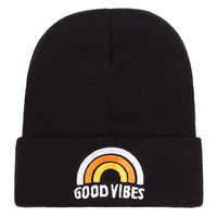 GOOD VIBES Embroidered Knitted Hat Winter Warm Men's and Women's Outdoor Knitted Hat Black - Thumbnail 1