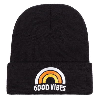 Good vibes embroidered knitted hat winter warm men's and women's outdoor knitted hat black