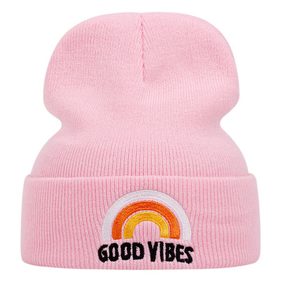 GOOD VIBES Embroidered Knitted Hat Winter Warm Men's and Women's Outdoor Knitted Hat Pink
