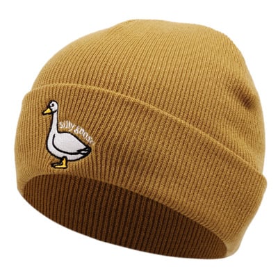 Silly goose embroidered knitted hat winter warm men's and women's outdoor knitted hat khaki - Thumbnail 4