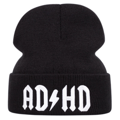 Adhd embroidered knitted hat winter warm men's and women's outdoor knitted hat black - Thumbnail 4