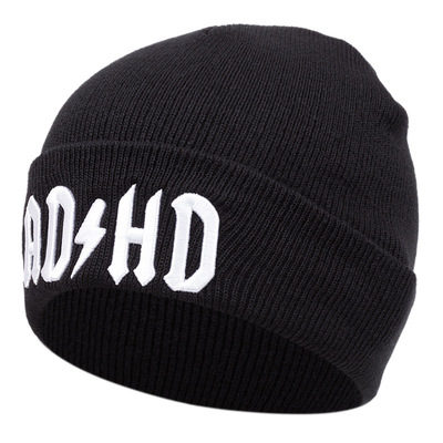 Adhd embroidered knitted hat winter warm men's and women's outdoor knitted hat black