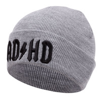 ADHD Embroidered Knitted Hat Winter Warm Men's and Women's Outdoor Knitted Hat Grey - Thumbnail 1
