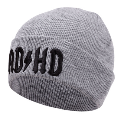 Adhd embroidered knitted hat winter warm men's and women's outdoor knitted hat grey