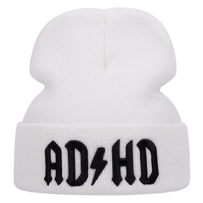 Adhd embroidered knitted hat winter warm men's and women's outdoor knitted hat white - Thumbnail 5