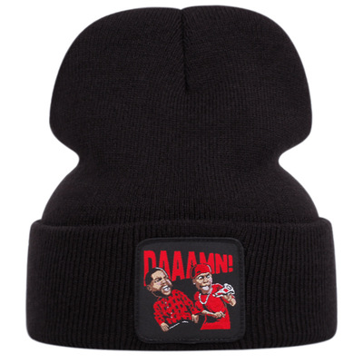 Daaamn embroidered knitted hat winter warm men's and women's outdoor knitted hat black - Thumbnail 1