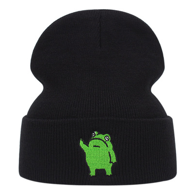 Frog embroidered knitted hat winter warm men's and women's outdoor knitted hat black - Thumbnail 4