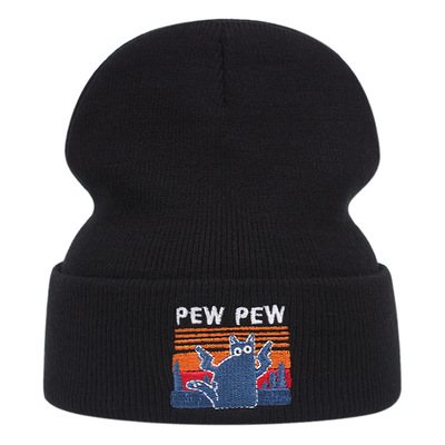 Naughty cat embroidered knitted hat winter warm men's and women's outdoor knitted hat black - Thumbnail 5