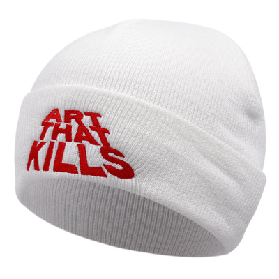 Art that kills embroidered knitted hat winter warm men's and women's outdoor knitted hat white - Thumbnail 5
