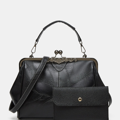 Fashion soft leather women's handbag two piece black - Thumbnail 3