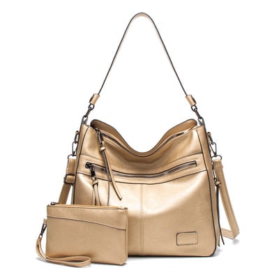 Fashion women's zipper tote bag two piece gold - Thumbnail 4