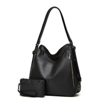 Women Shoulder Bag Vintage Crossbody Purse Handbag Two Piece Black - Thumbnail 1