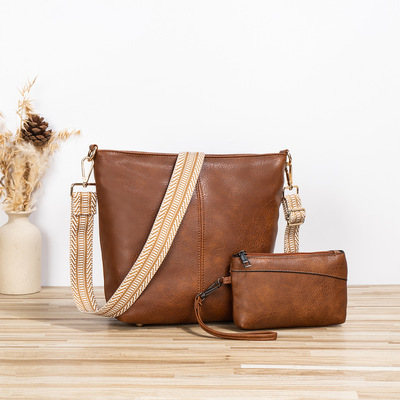 Women shoulder bag vintage crossbody purse handbag two piece brown - Thumbnail 3