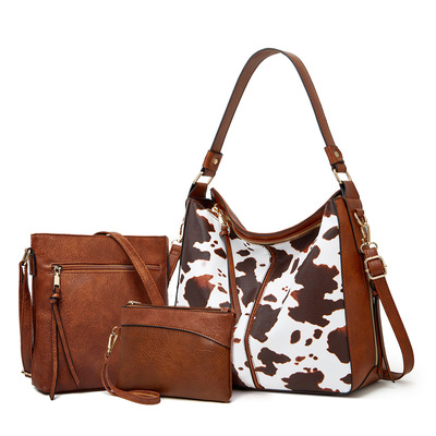 Women western cow print purse designer top handle handbags three piece brown - Thumbnail 2